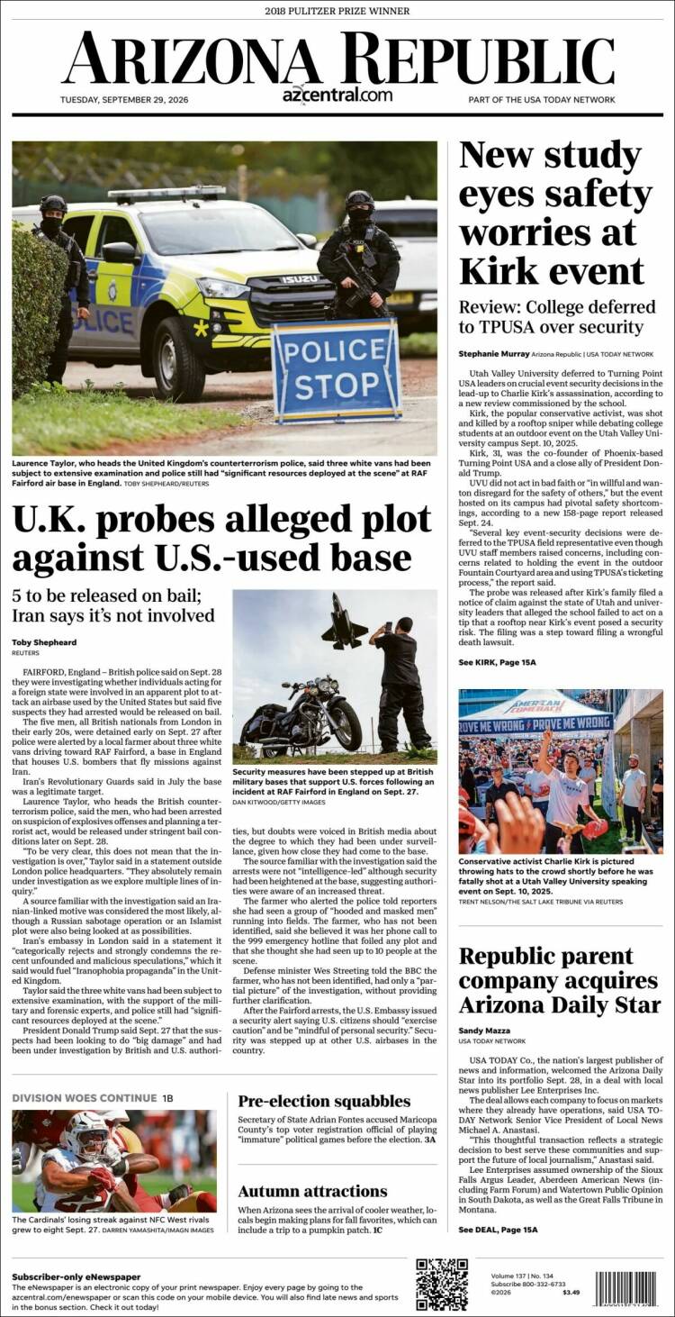 Portada de Arizona Republic News (USA)