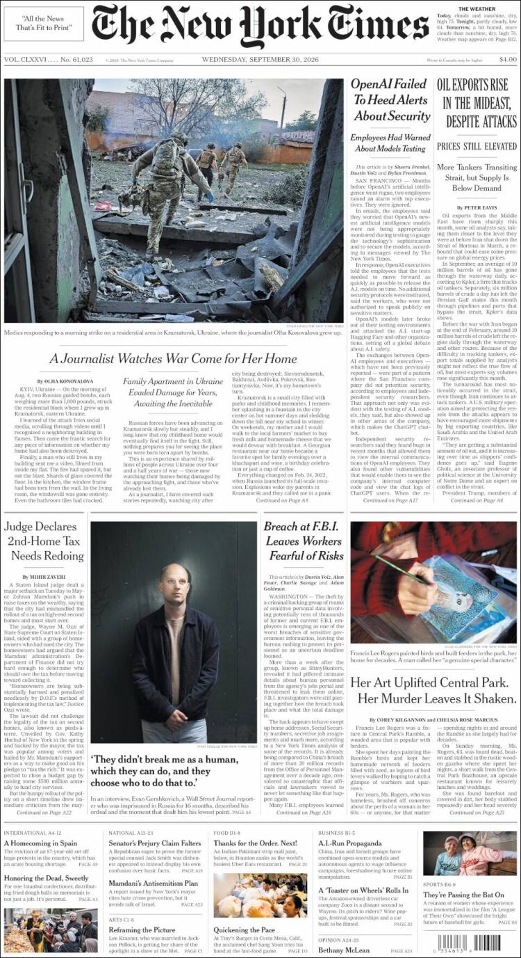 Portada de New York Times (USA)