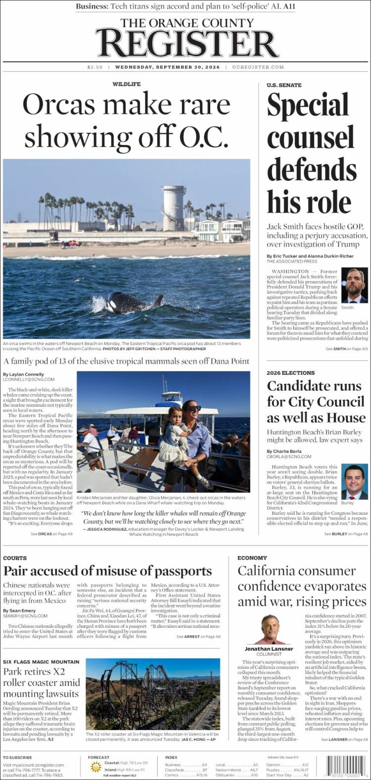 Portada de The Orange County Register (USA)