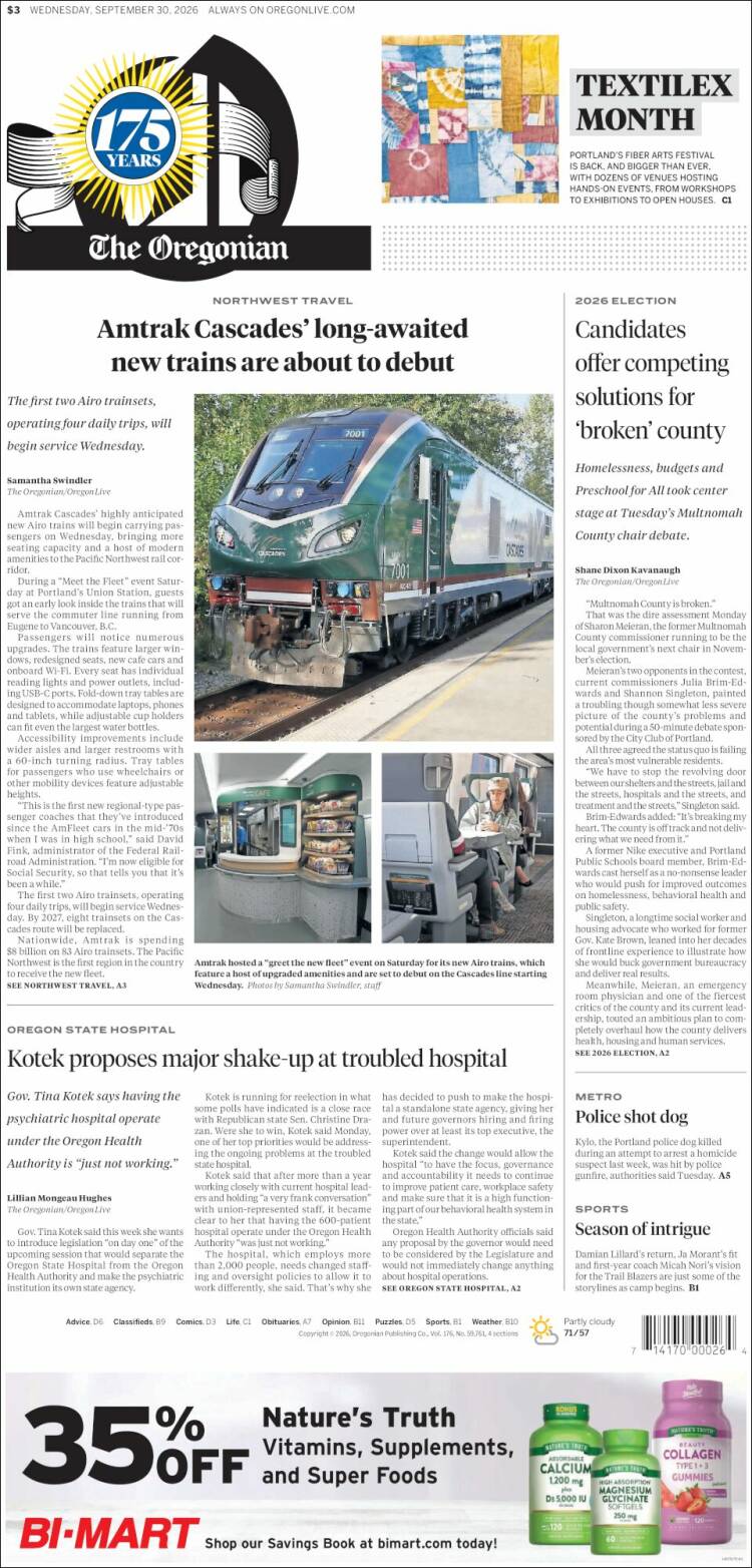 Portada de The Oregonian (USA)