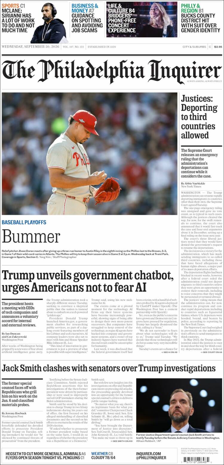 Portada de Philadelphia Inquirer (USA)