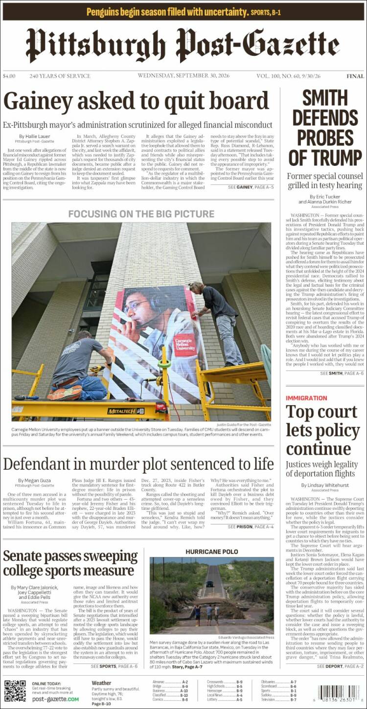 Portada de Pittsburgh Post-Gazette (USA)