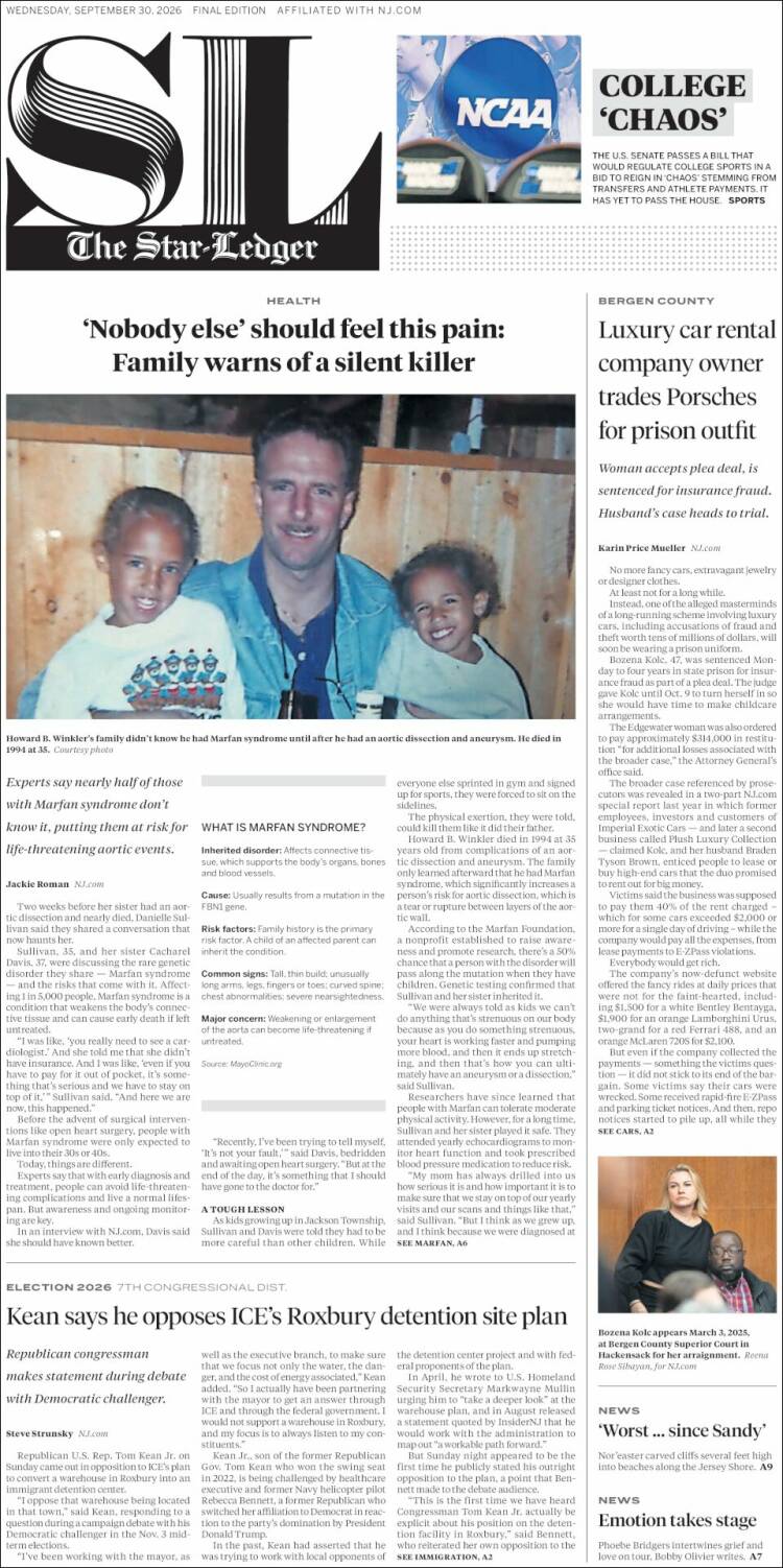 Portada de Star-Ledger (USA)