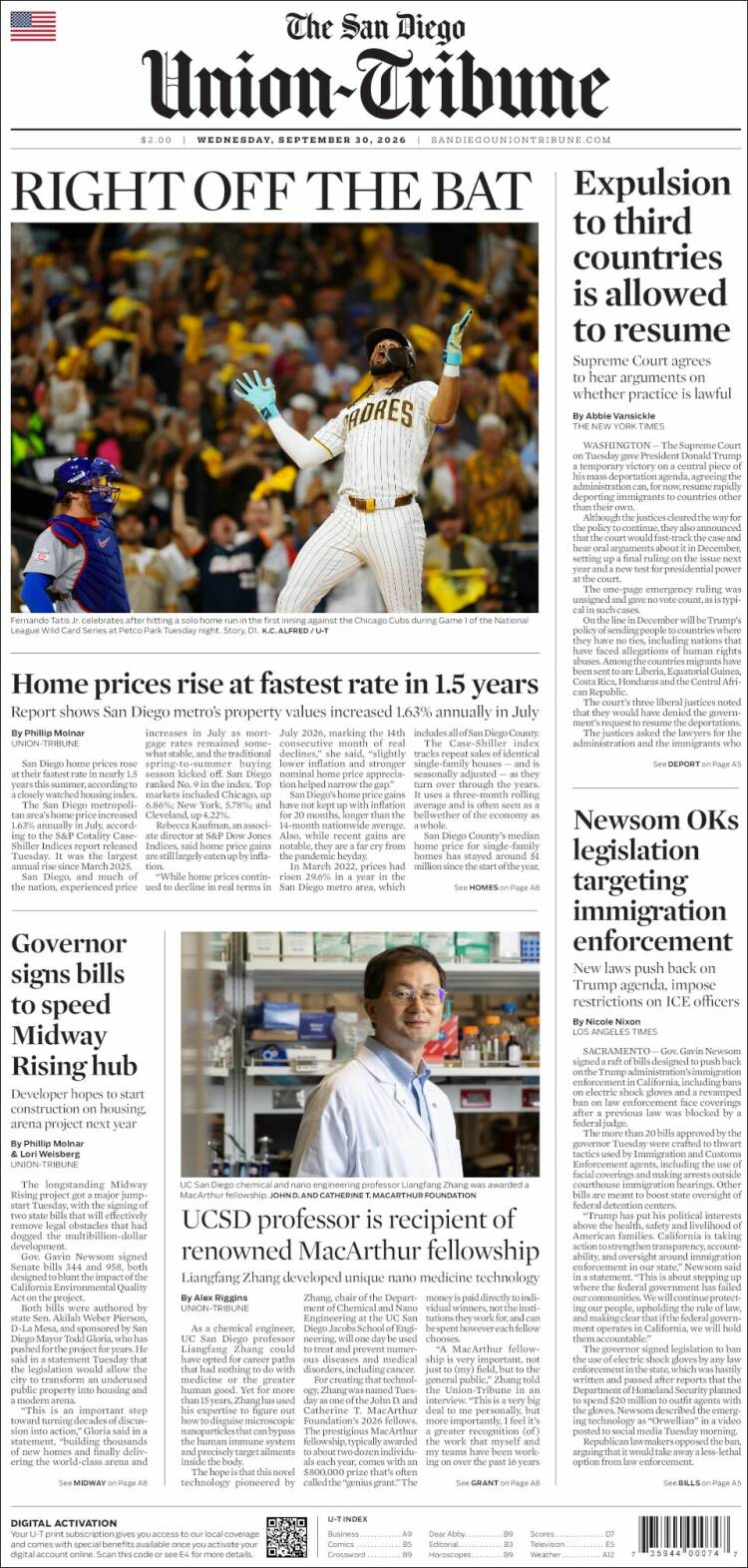 Portada de The San Diego Union-Tribune (USA)