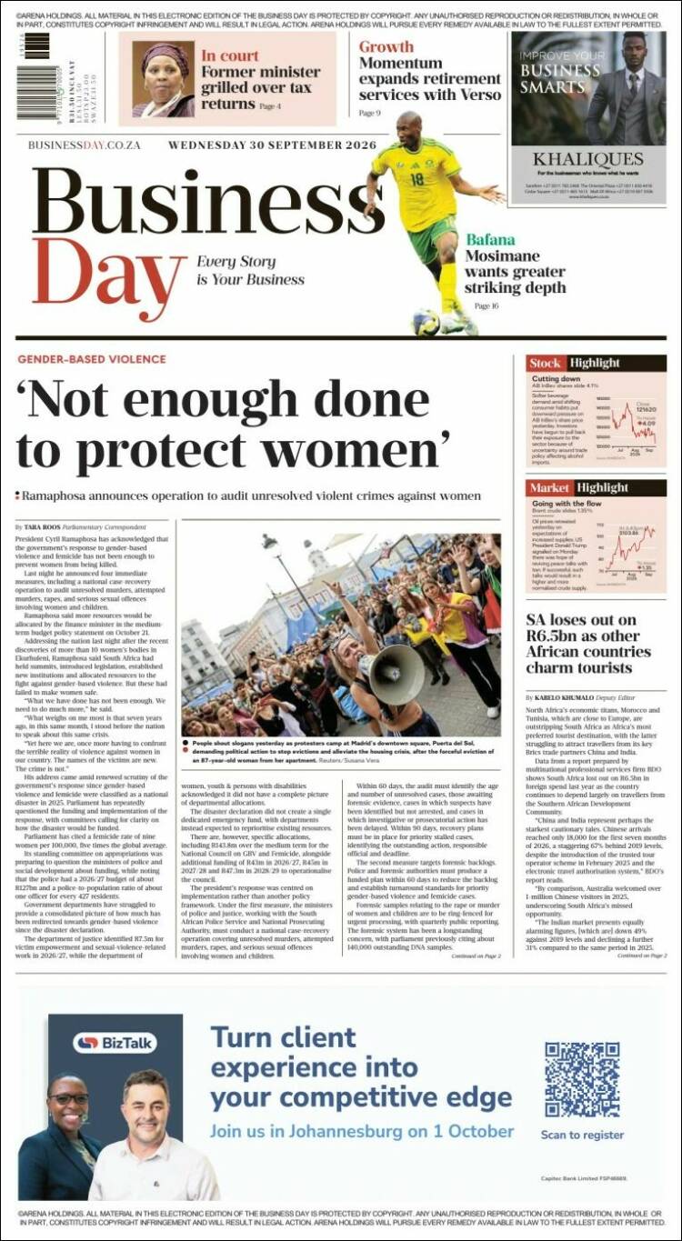 Portada de Business Day (Sud&aacute;frica)