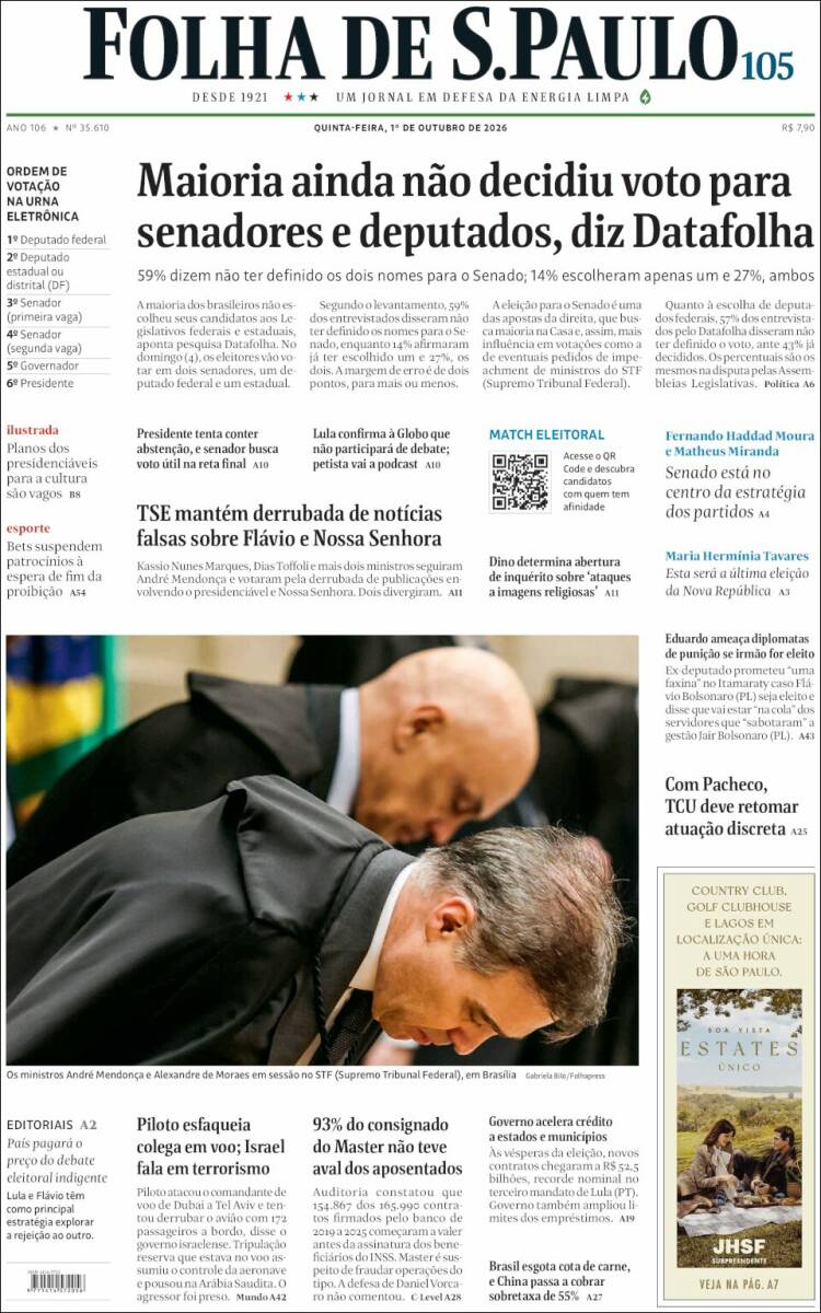 Portada de Folha de São Paulo (Brasil)