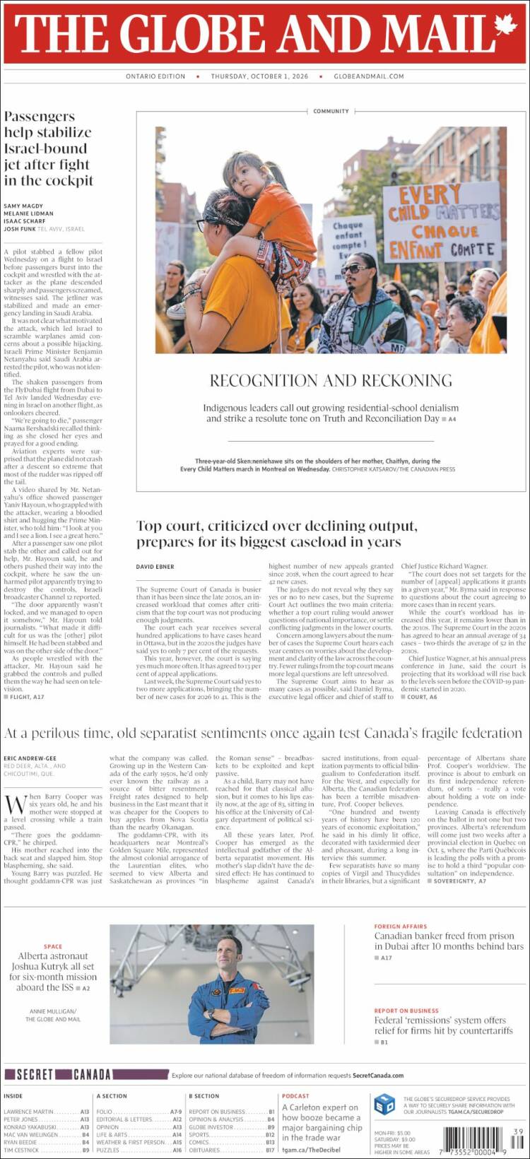 Portada de The Globe and Mail (Canad&aacute;)