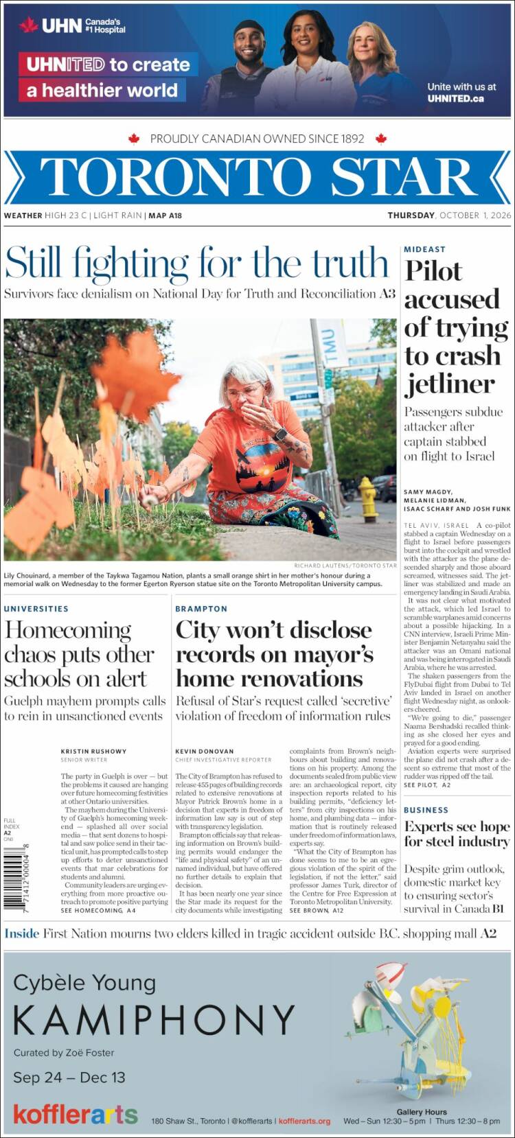 Portada de The Toronto Star (Canad&aacute;)