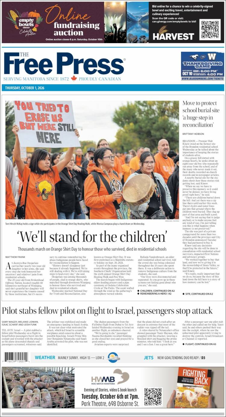 Portada de Winnipeg Free Press (Canad&aacute;)
