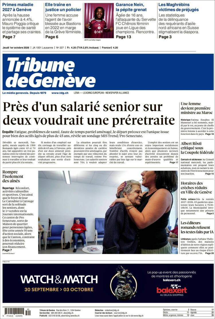Portada de La Tribune de Genève (Suiza)