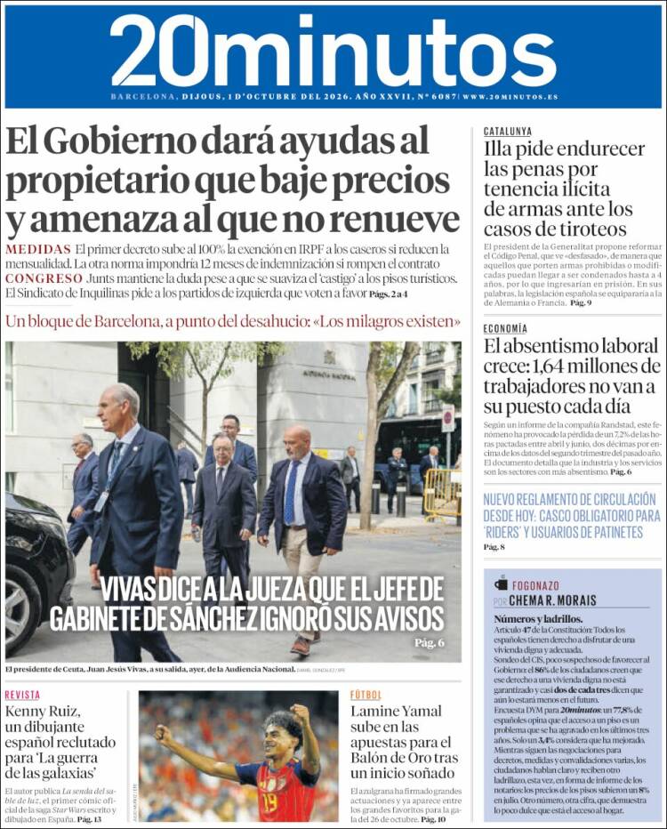 Portada de 20 Minutos - Barcelona (Espa&ntilde;a)