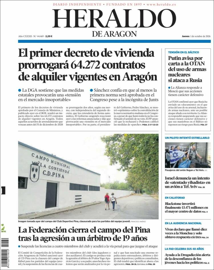 Portada de Heraldo de Aragón (Espa&ntilde;a)