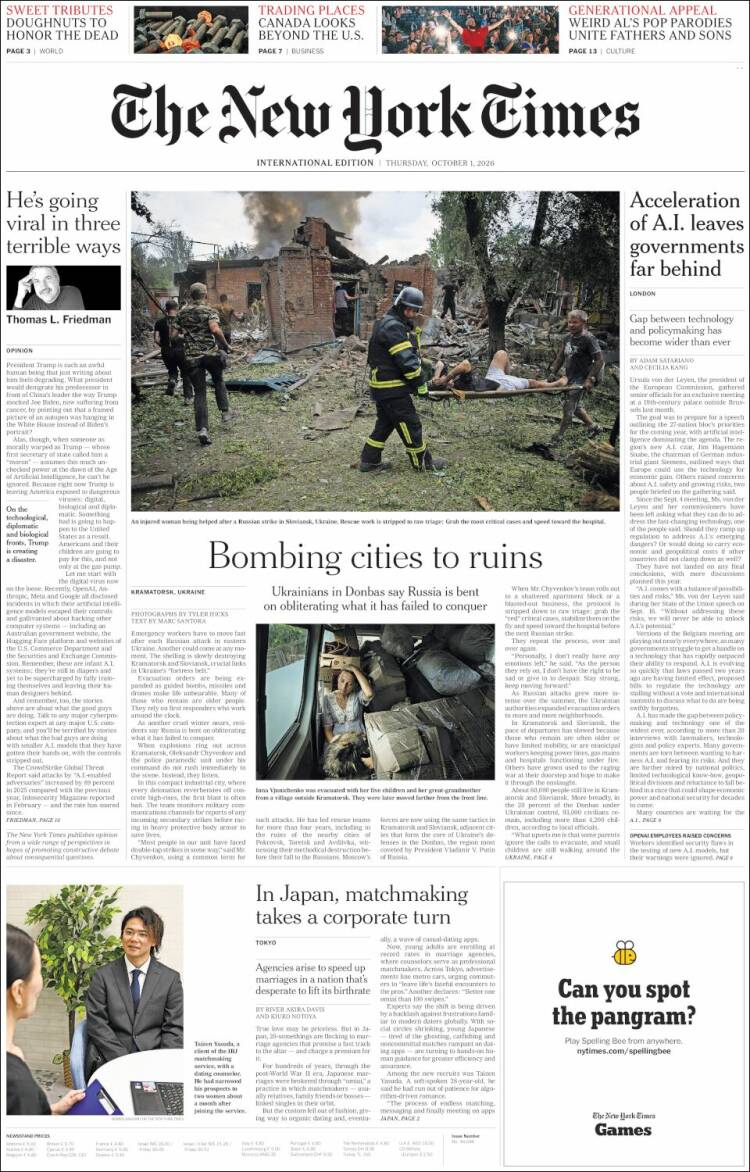 Portada de International New York Times (Europa)