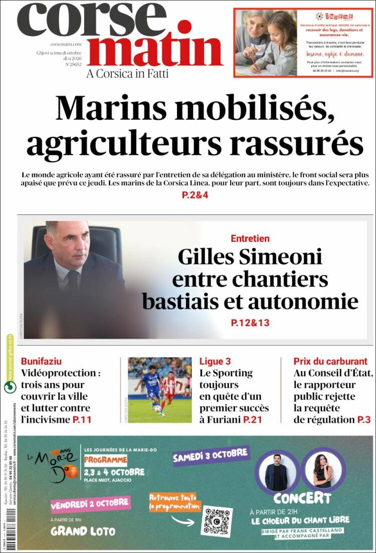 Portada de Corse-Matin (Francia)