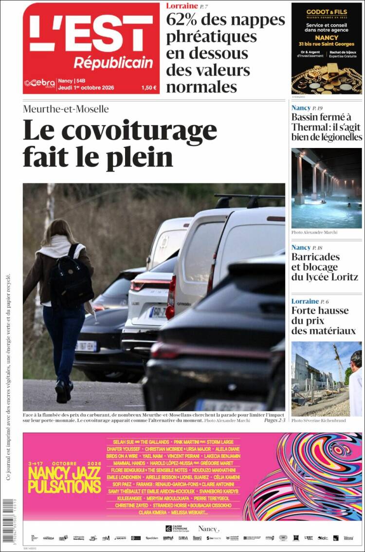 Portada de L'Est Republicain (Francia)