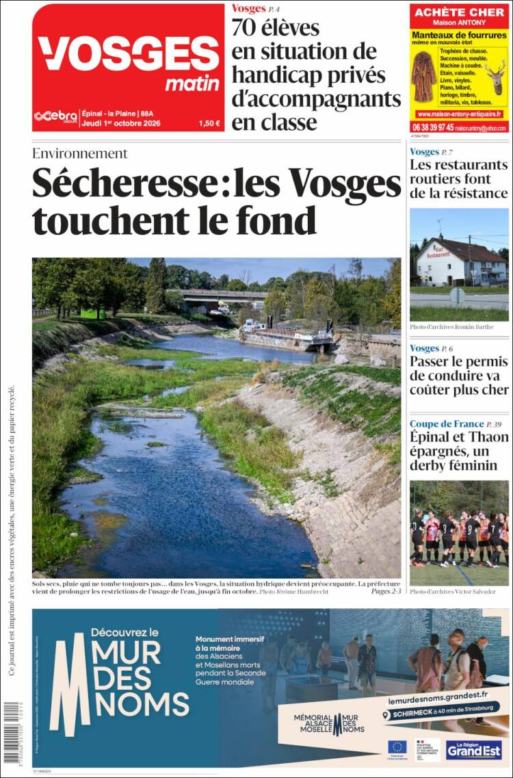 Portada de Vosges Matin (Francia)