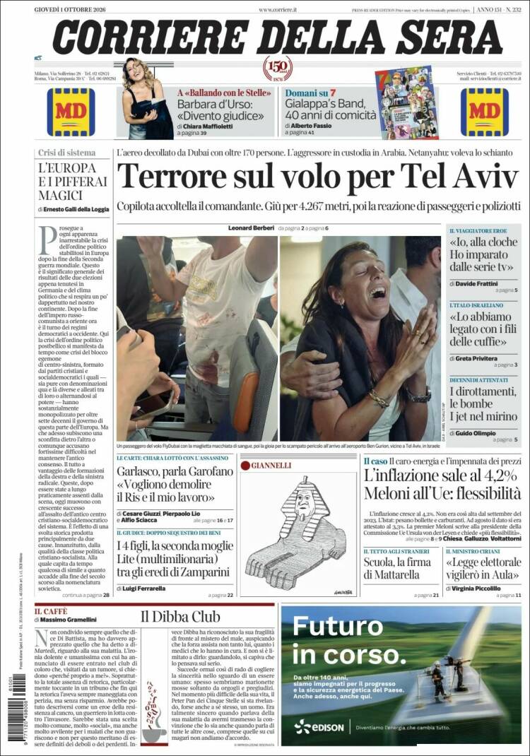 Portada de Corriere della Sera (Italia)