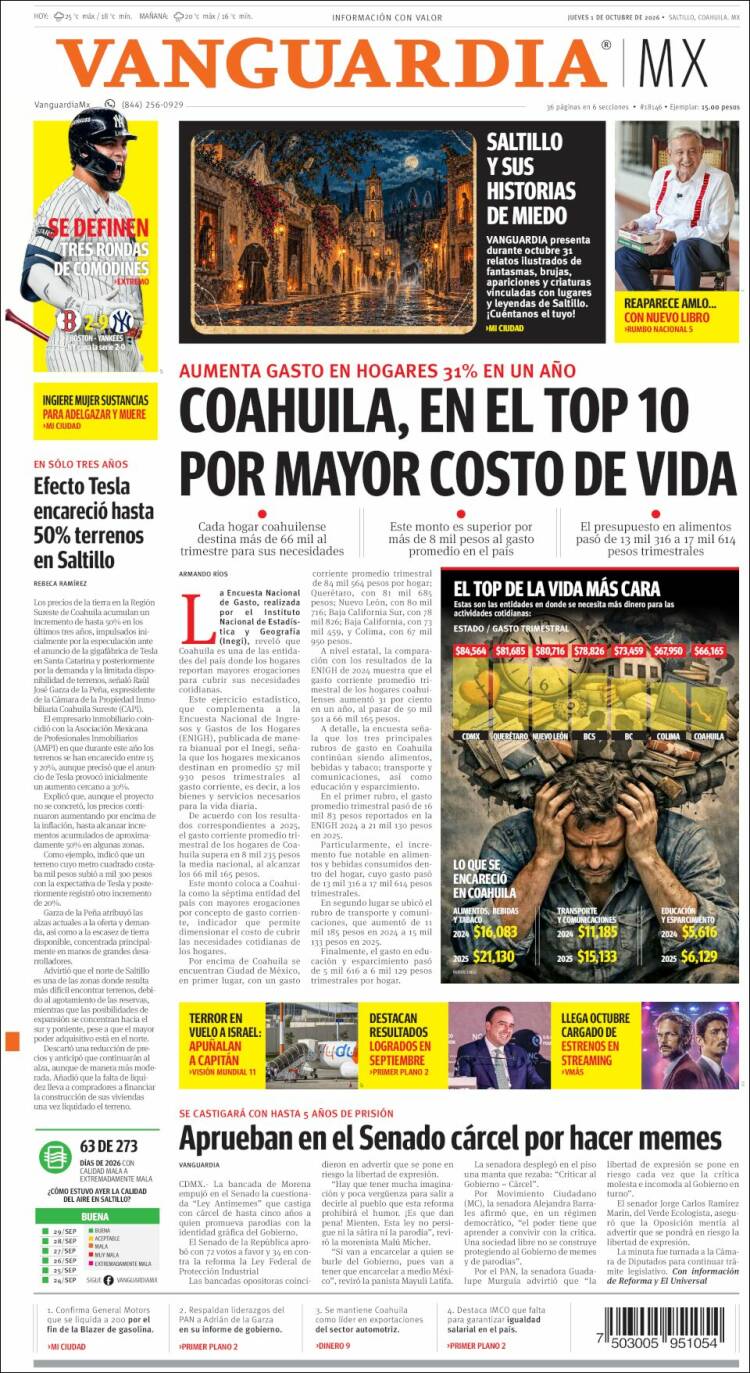 Portada de Vanguardia (M&eacute;xico)