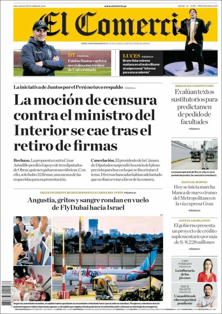 Portada de El Comercio (Per&uacute;)