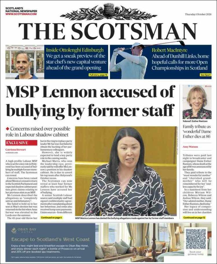 Portada de The Scotsman (Reino Unido)