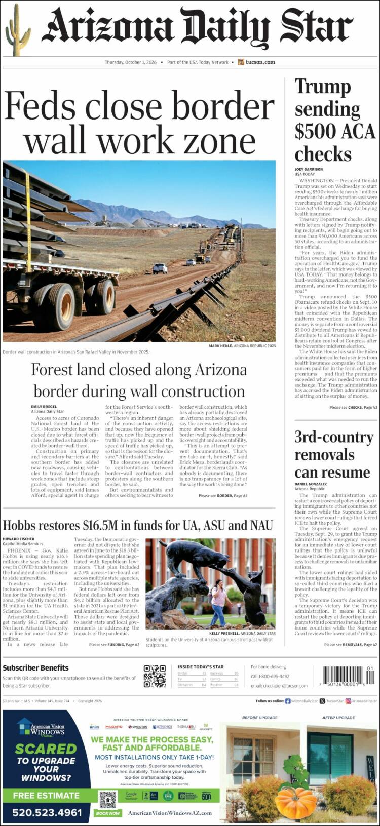 Portada de Arizona Daily Star (USA)