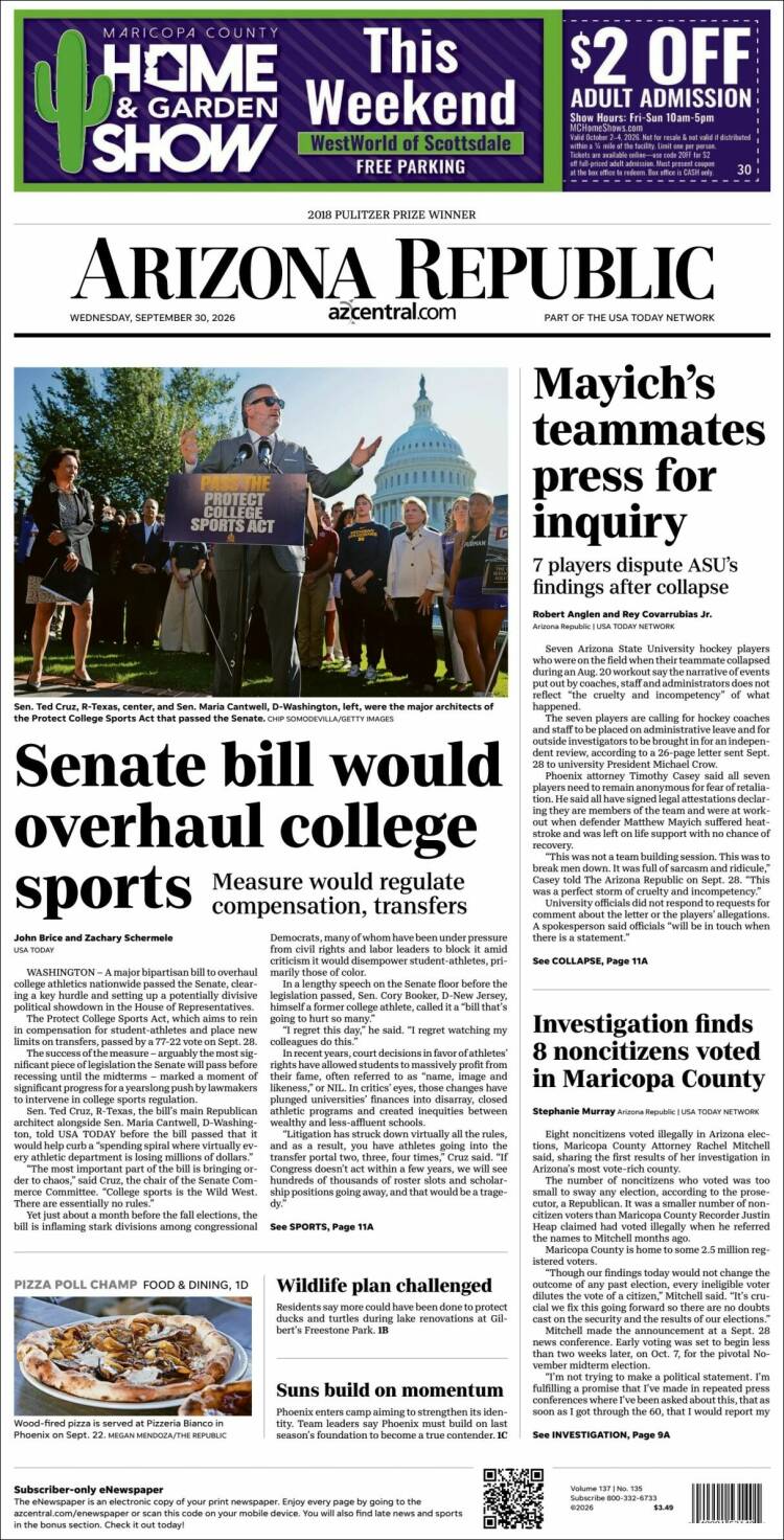 Portada de Arizona Republic News (USA)