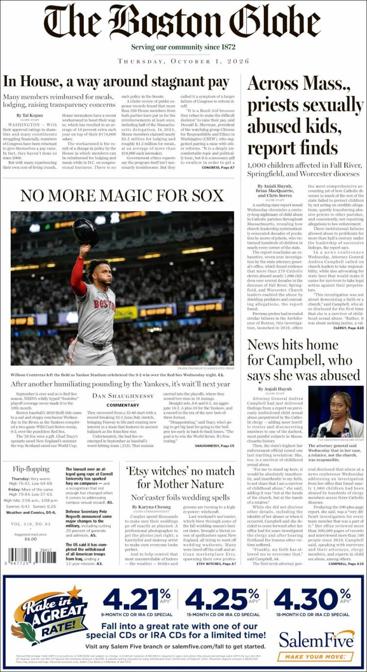Portada de Boston Globe (USA)