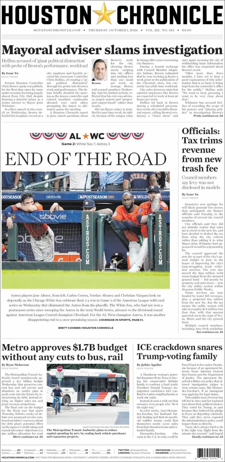 Portada de Houston Chronicle (USA)