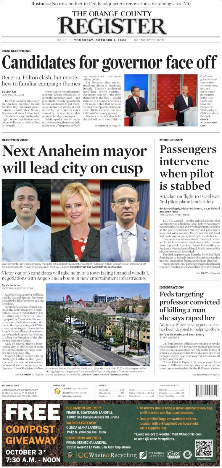 Portada de The Orange County Register (USA)
