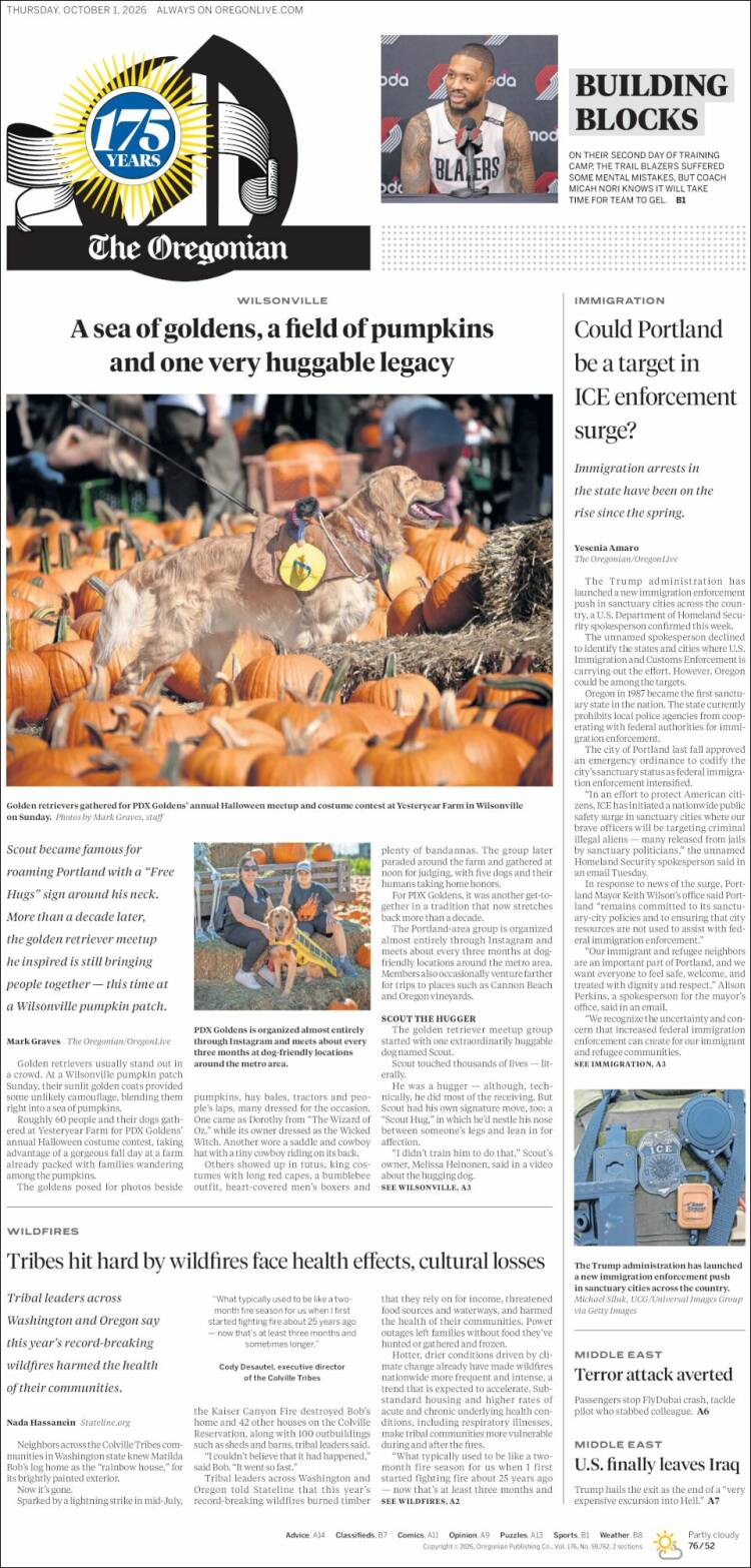 Portada de The Oregonian (USA)