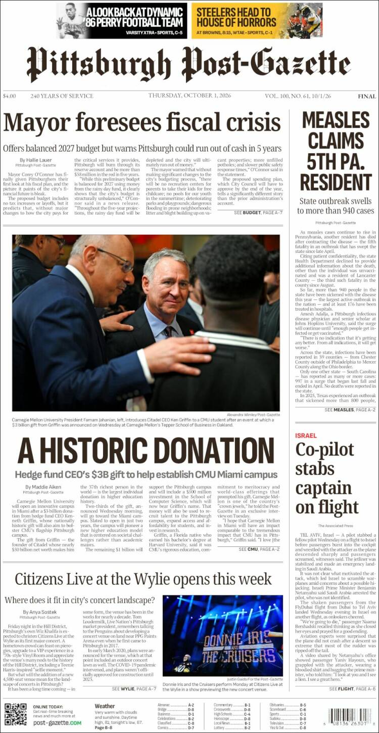 Portada de Pittsburgh Post-Gazette (USA)