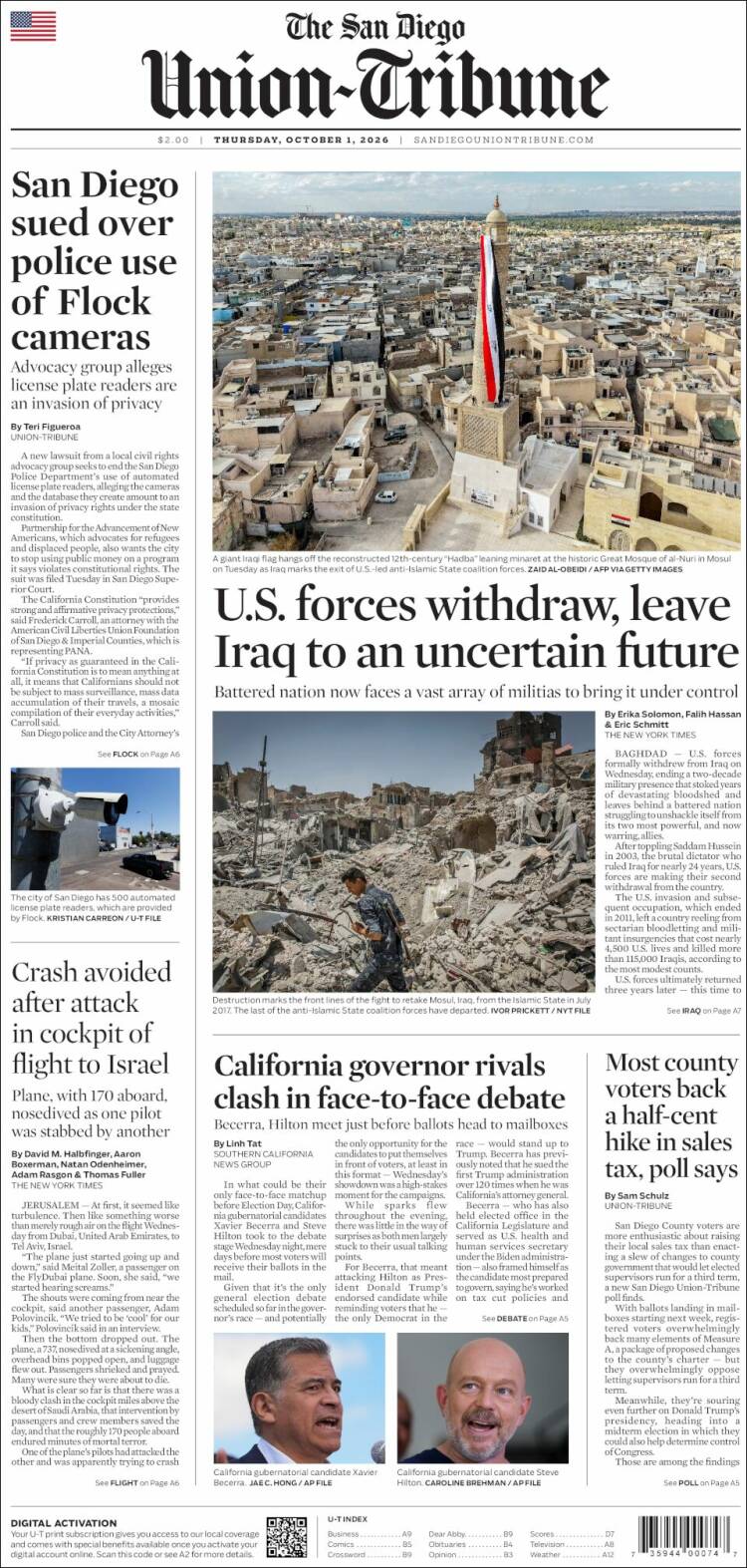 Portada de The San Diego Union-Tribune (USA)