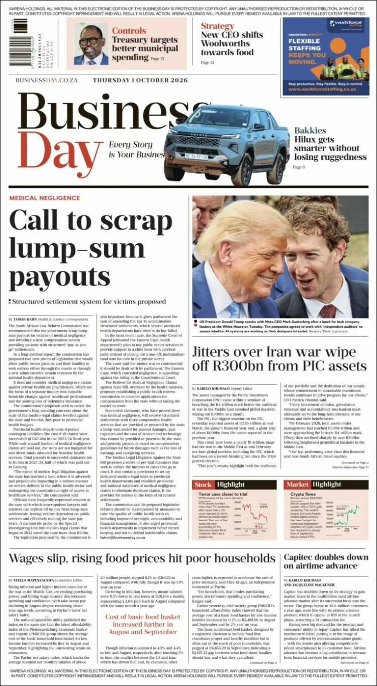 Portada de Business Day (Sud&aacute;frica)