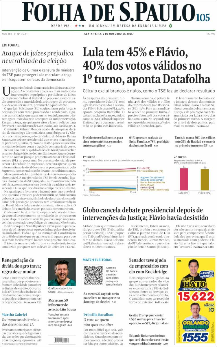 Portada de Folha de São Paulo (Brasil)