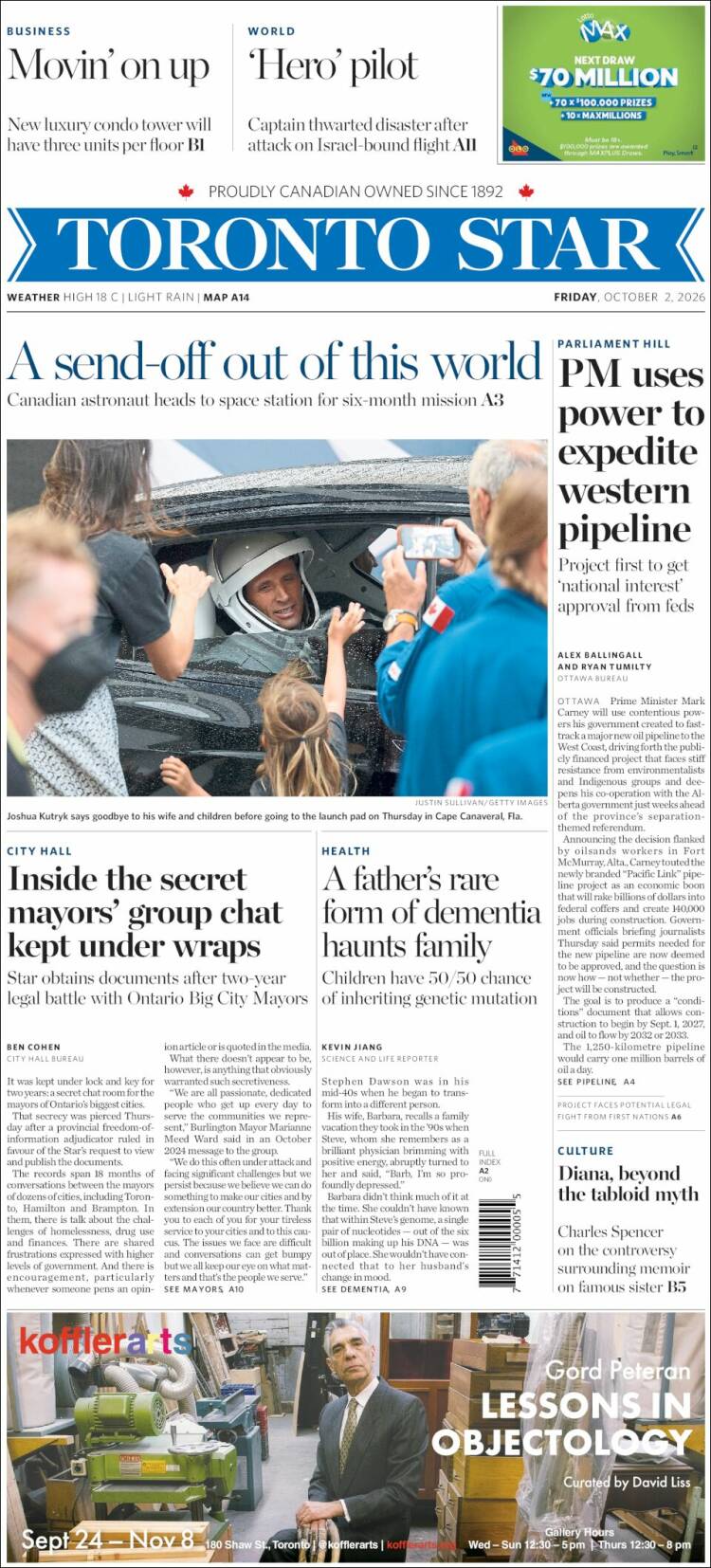 Portada de The Toronto Star (Canad&aacute;)
