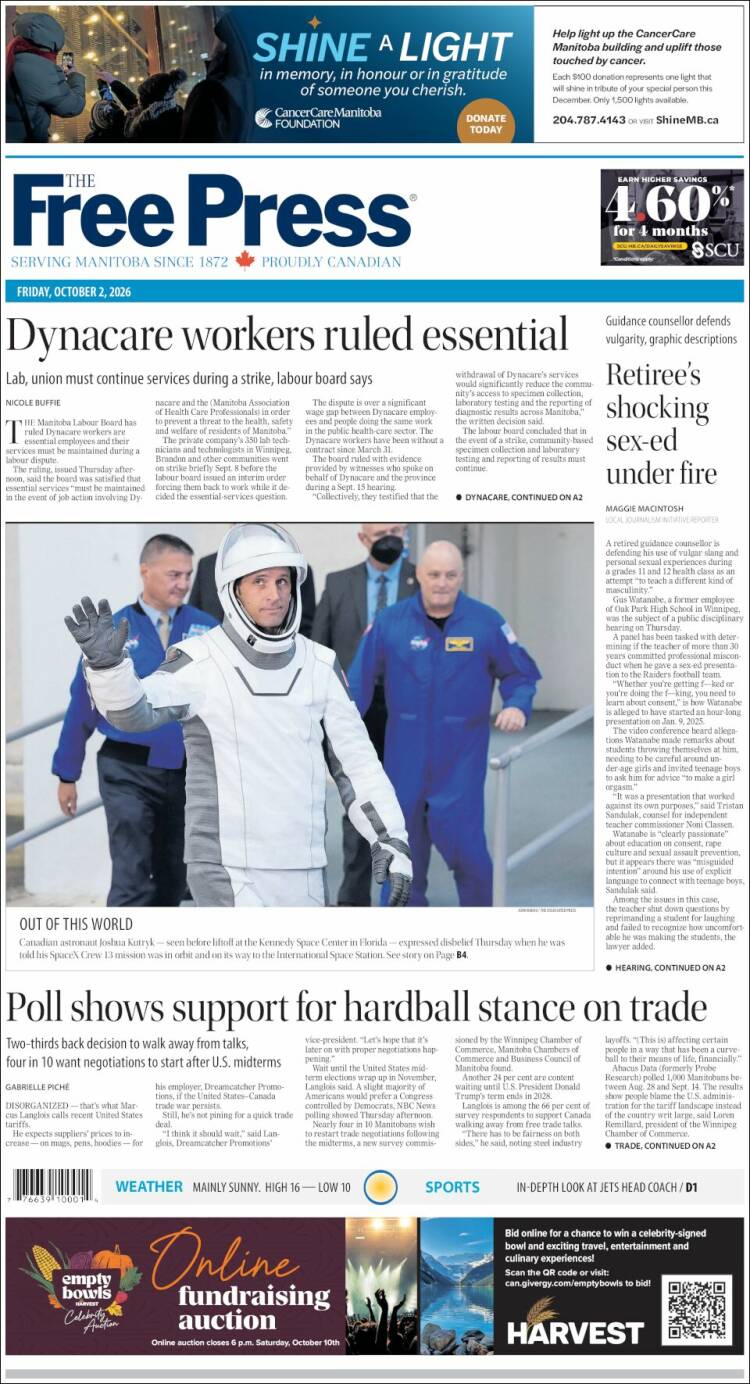 Portada de Winnipeg Free Press (Canad&aacute;)