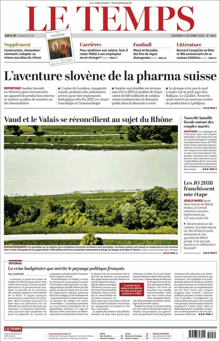 Portada de Le Matin (Suiza)