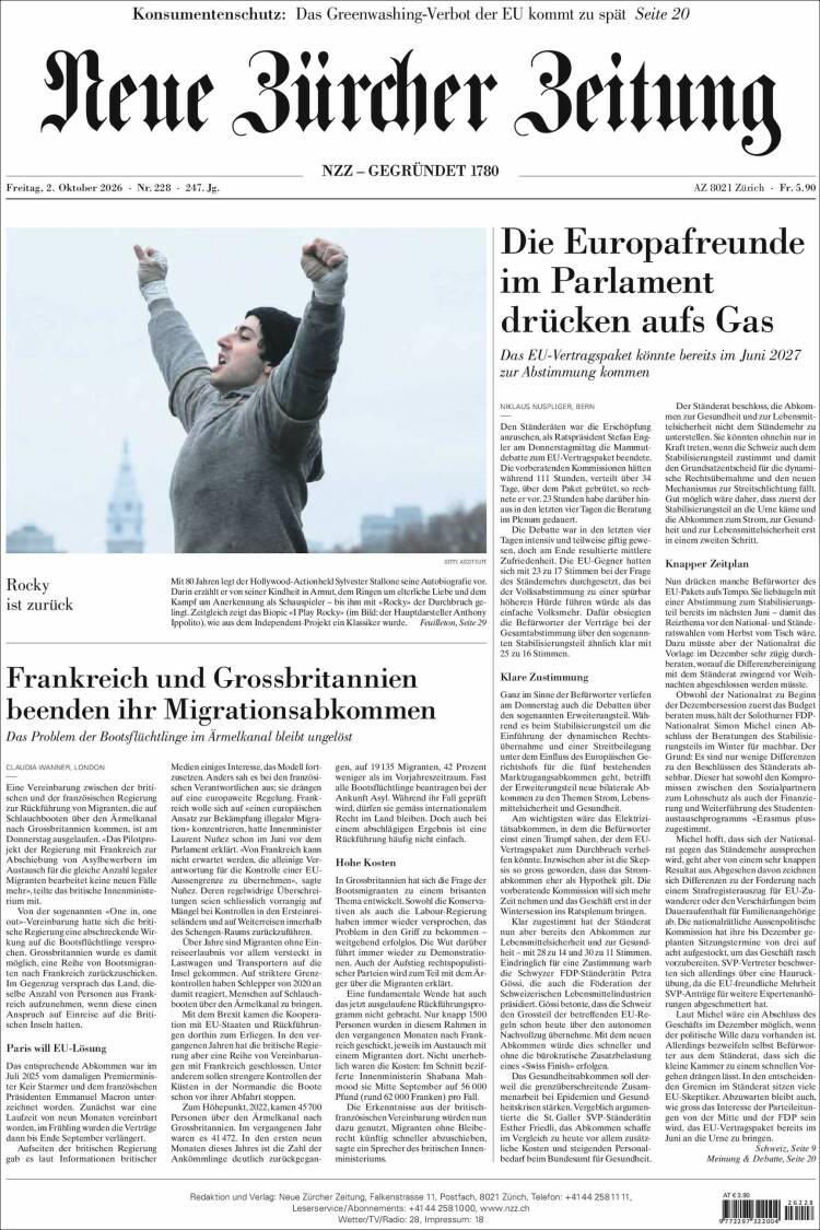 Portada de Neue Zürcher Zeitung (Suiza)