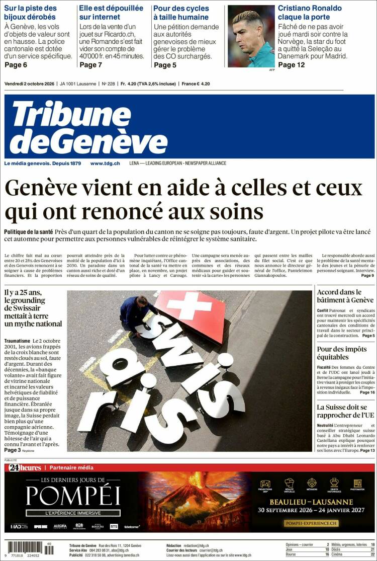 Portada de La Tribune de Genève (Suiza)