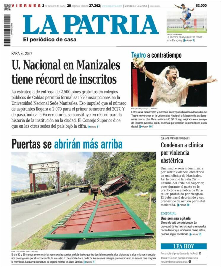 Portada de La Patria (Colombia)