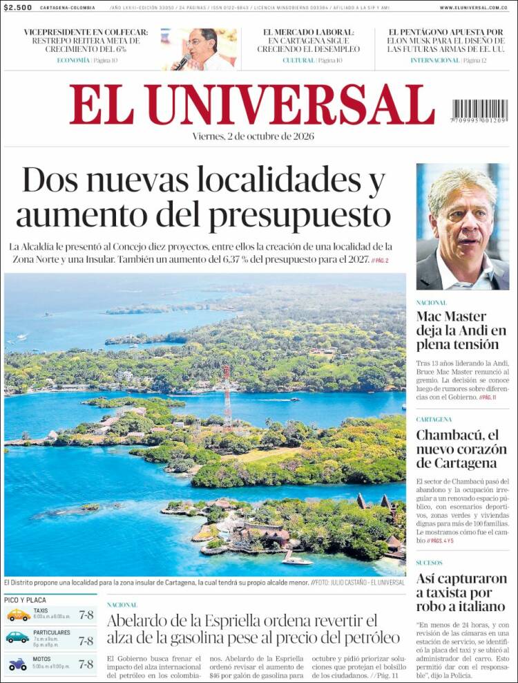 Portada de El Universal (Colombia)