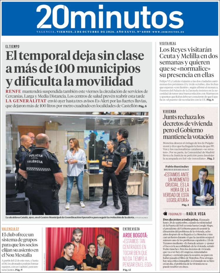 Portada de 20 Minutos - Valencia (Espa&ntilde;a)