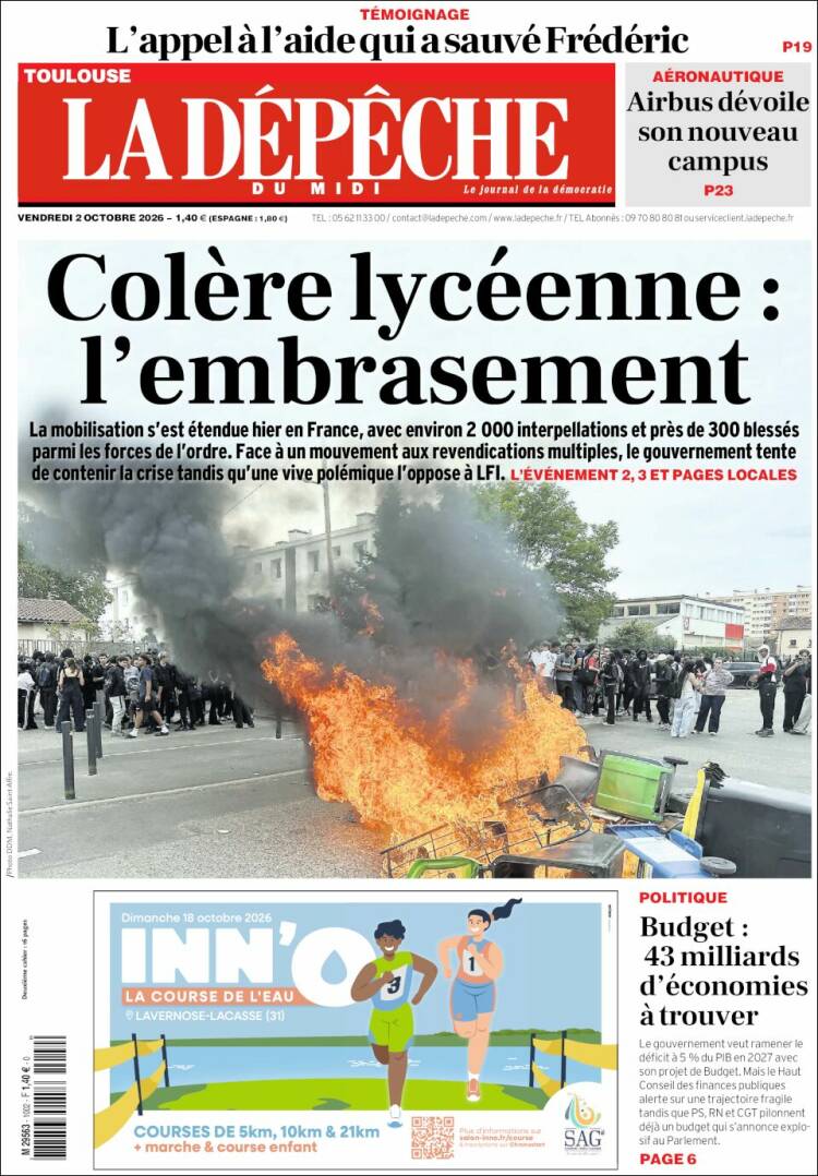 Portada de La Dépêche du Midi (Francia)