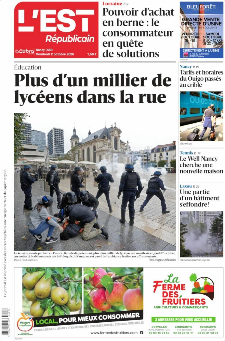 Portada de L'Est Republicain (Francia)