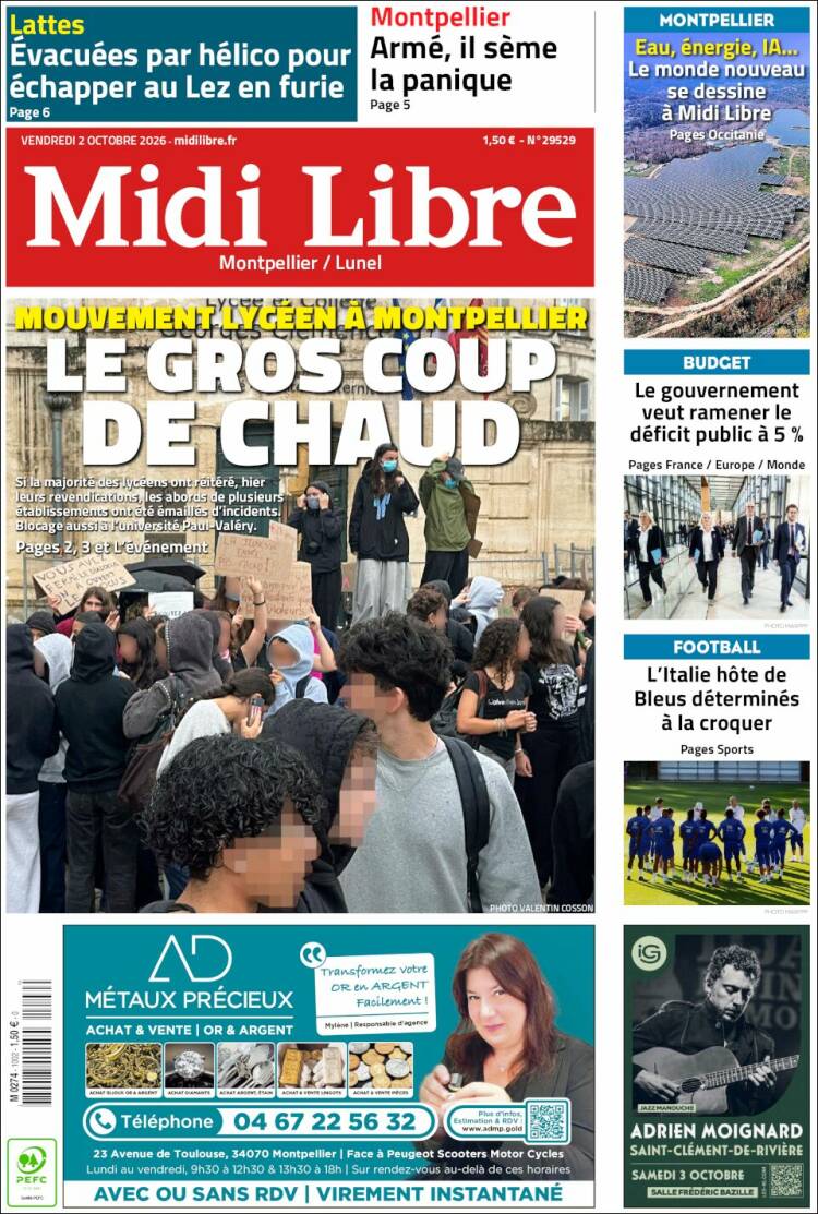 Portada de Midi Libre (Francia)