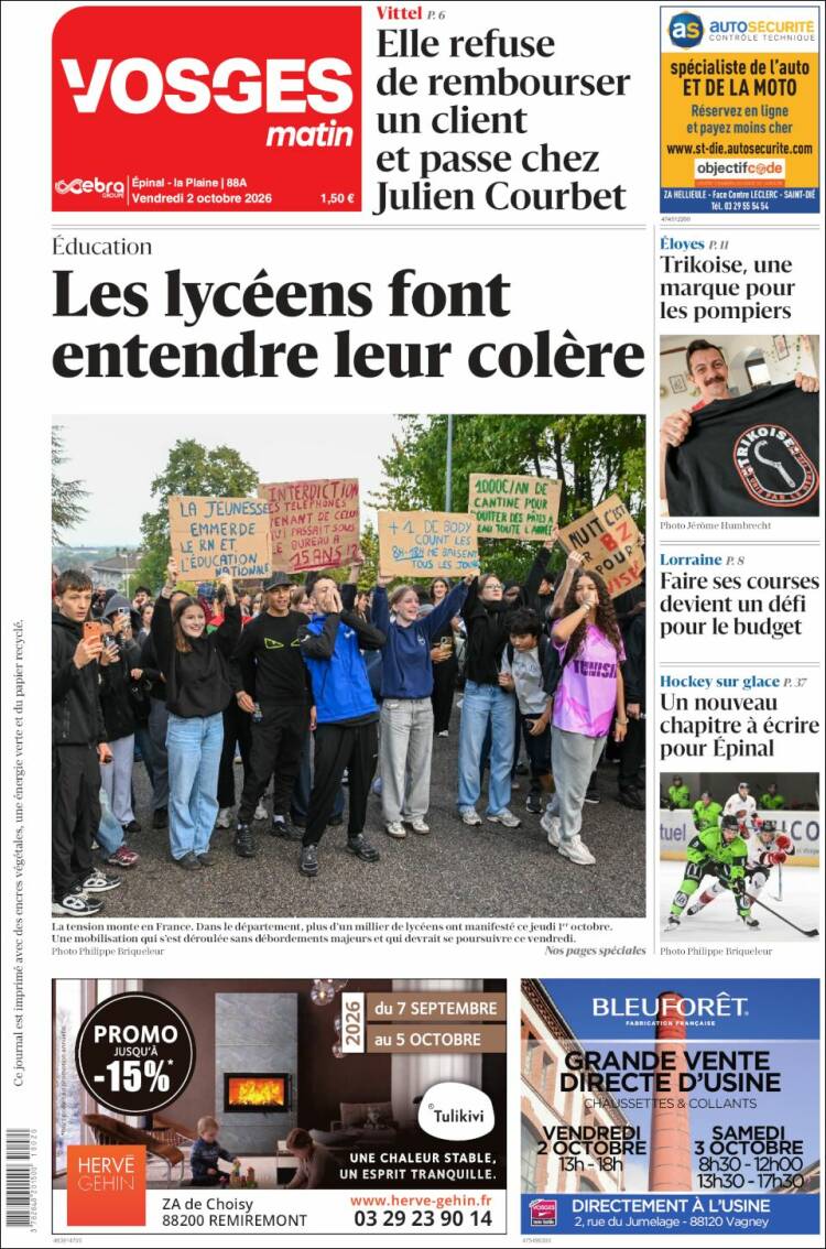 Portada de Vosges Matin (Francia)