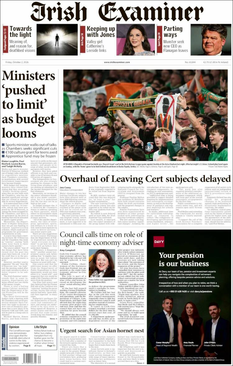 Portada de Irish Examiner (Irlanda)
