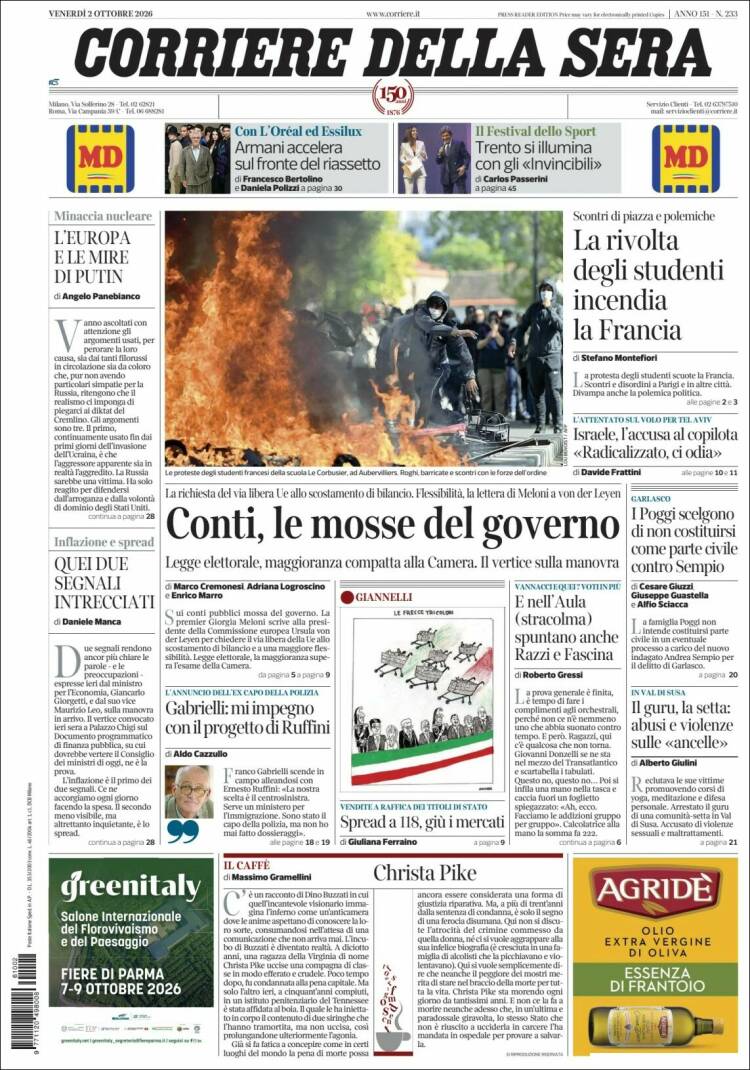 Portada de Corriere della Sera (Italia)