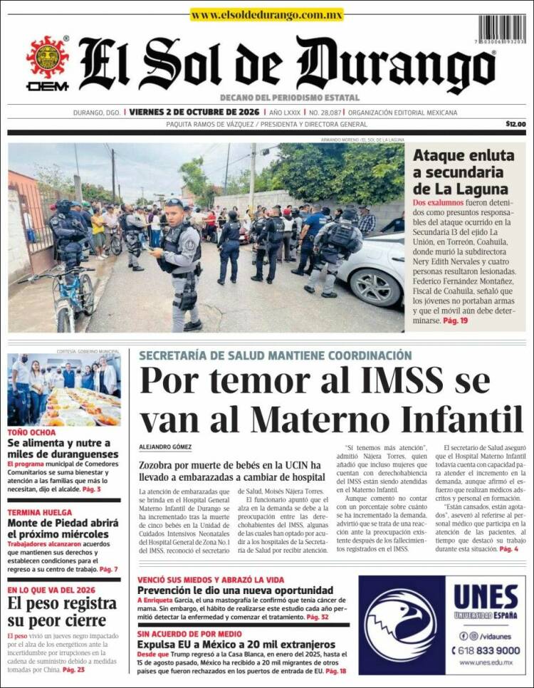 Portada de El Sol de Durango (M&eacute;xico)