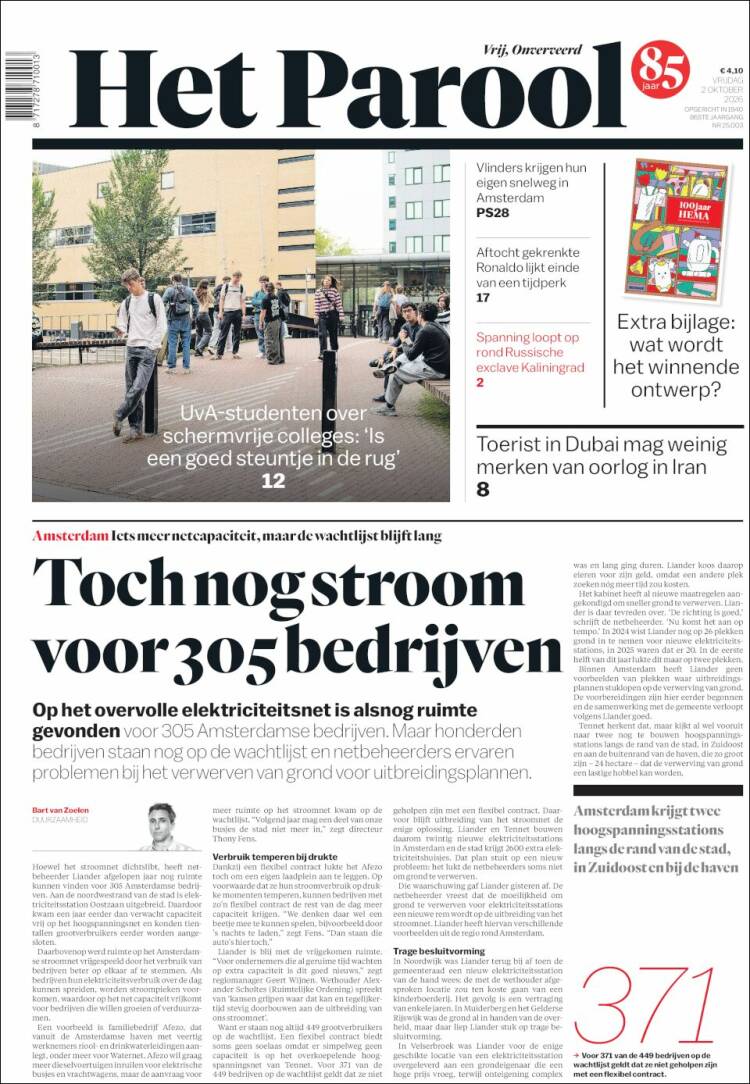 Portada de Het Parool (Pa&iacute;ses Bajos)